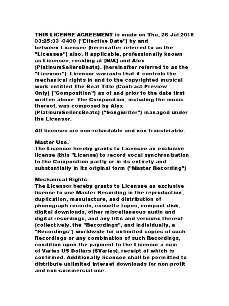 Exclusive Beat License Agreement | PDF | License | Indemnity