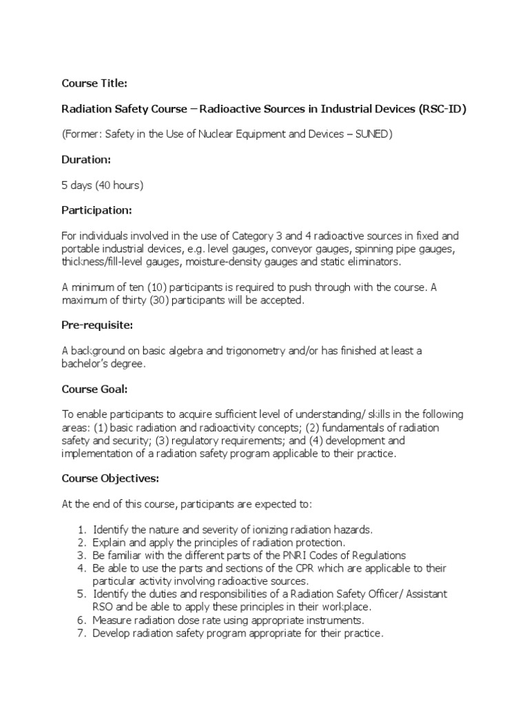Radiation Safety Officer (RSO) Training Outline PDF Radiation
