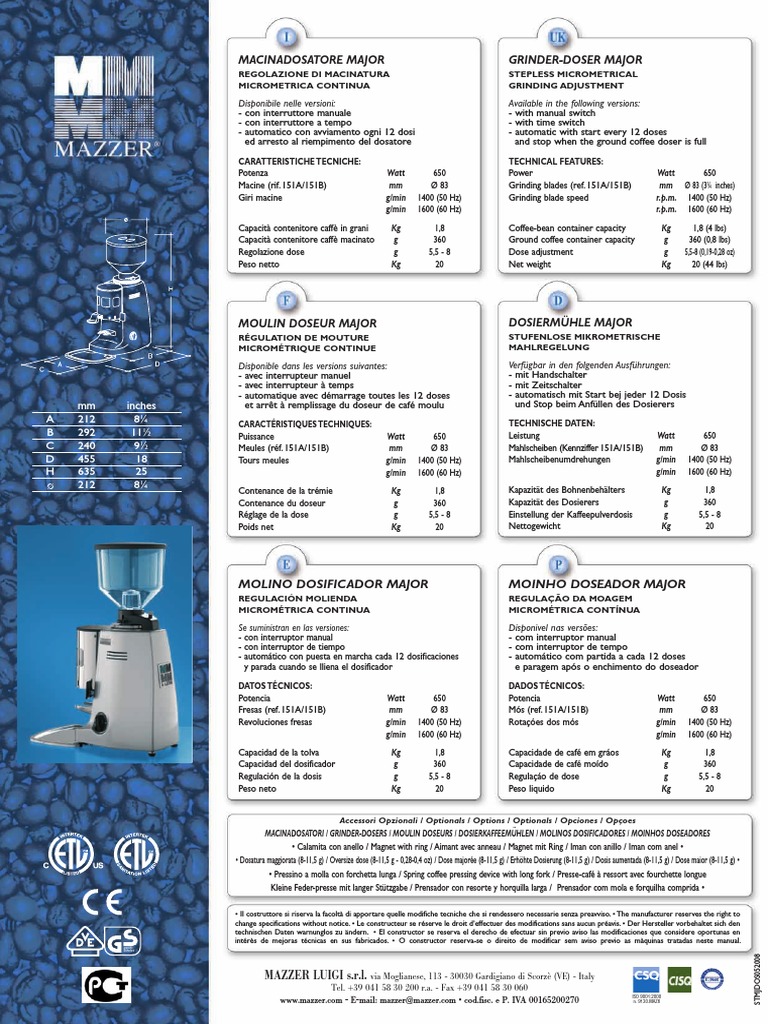 Mazzer Major Grinder User Manual | PDF | Nature