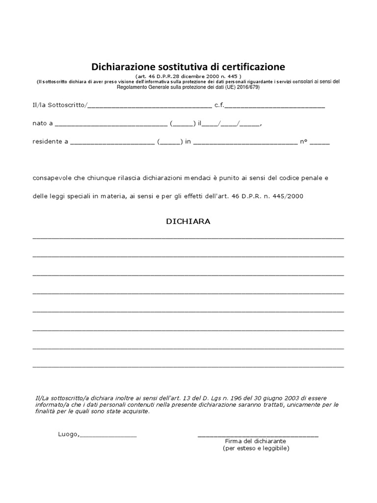 Modello Autocertificazione Generico PDF