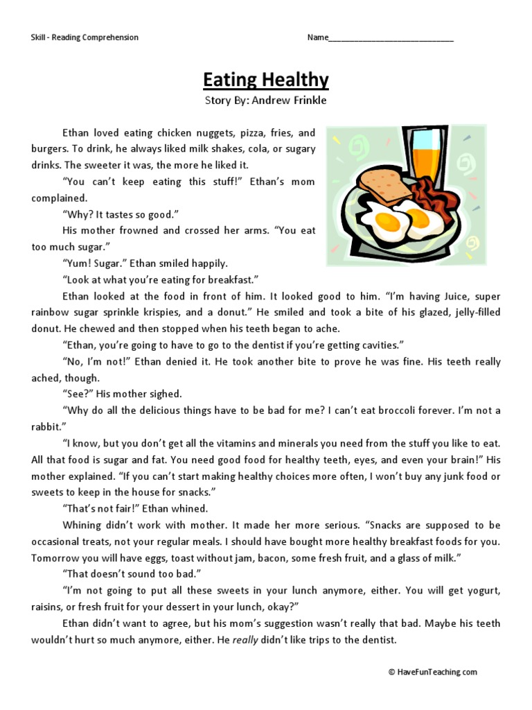 Eating Healthy Second Grade Reading Comprehension Worksheet Lunch Candy