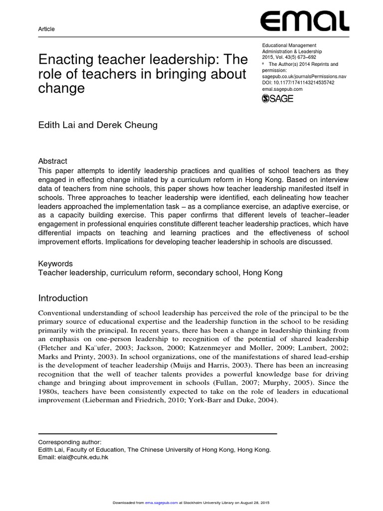 Teacher Leadership in Curriculum Reform | PDF | Teachers | Curriculum