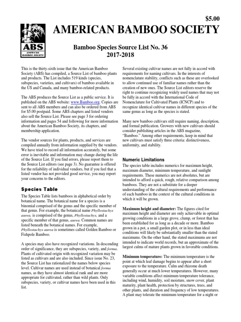 Bamboo Species Source List No 36 2017 2018 Cultivar Bamboo
