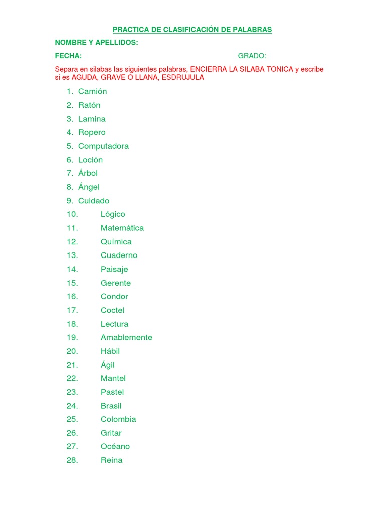 Como Es Una Palabra Aguda Grave O Esdrujula Practica de Palabras Agudas Graves Esdrujula | PDF