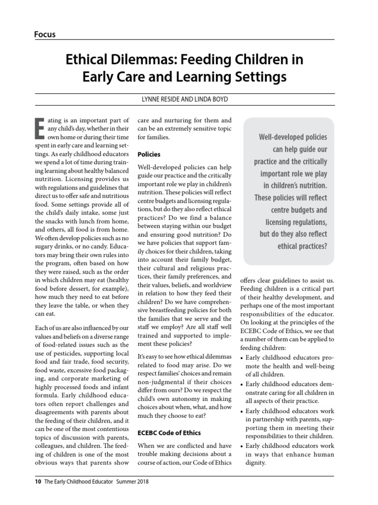 Ethical Dilemmas Feeding Children in Early Care and Learning Settings PDF Dietitian Early
