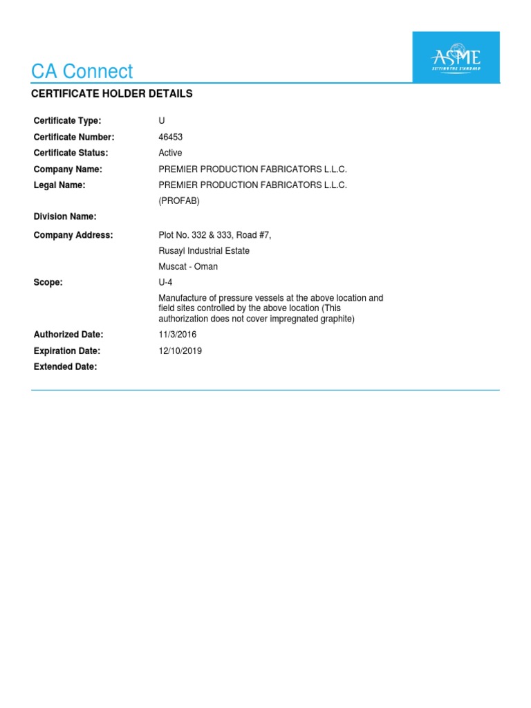 Asme Certificate Holder PDF