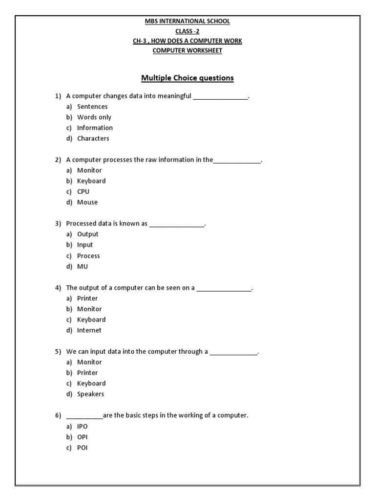 CBSE Class 2 Computers Practice Worksheet | PDF | Input/Output ...