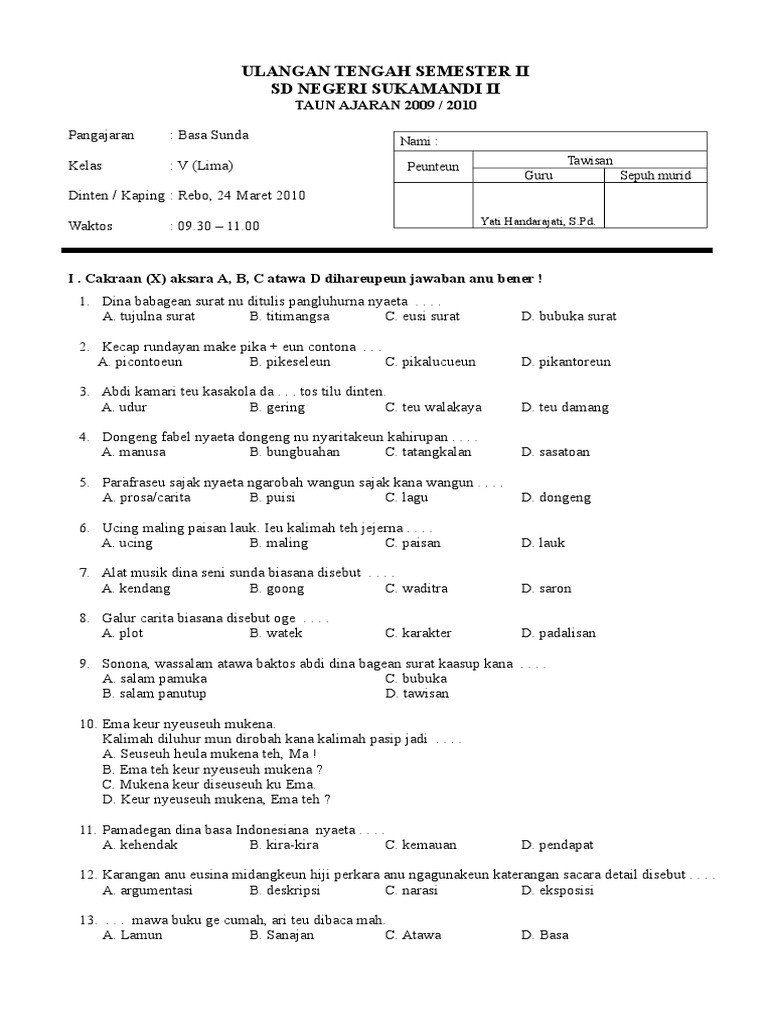 123dok UTS+Bhs+Sunda+KELAS+5+SEMESTER+II | PDF | Seni & Disiplin Bahasa ...