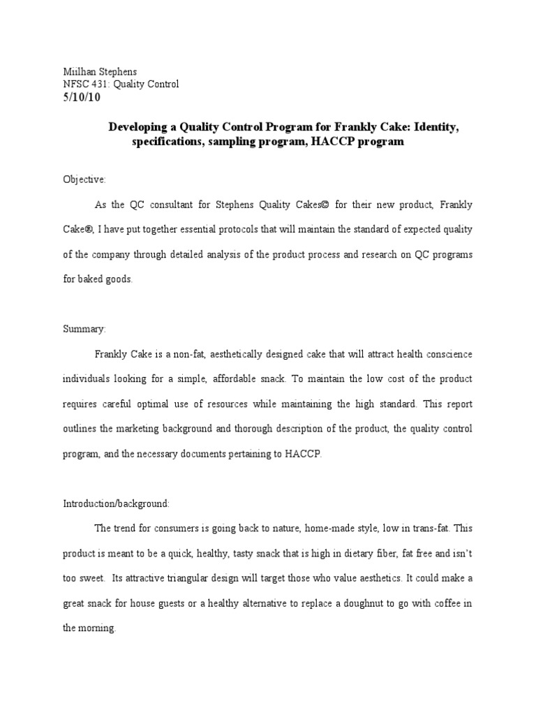 Developing A Quality Control Program For Frankly Cake: Identity ...