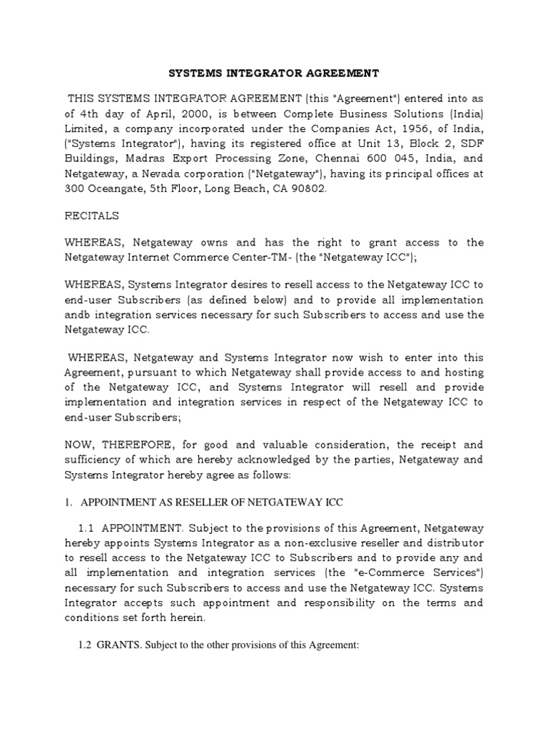 Systems Integrator Agreement | PDF | Indemnity | Bankruptcy