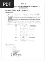 Unit - I To C Programming, Operators & Expressions To C Programming