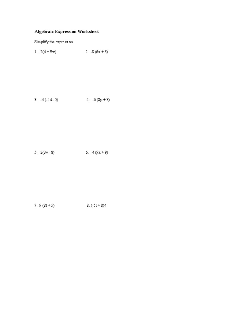 Algebraic Expression Worksheet Simplifying, Expanding, Factoring, and