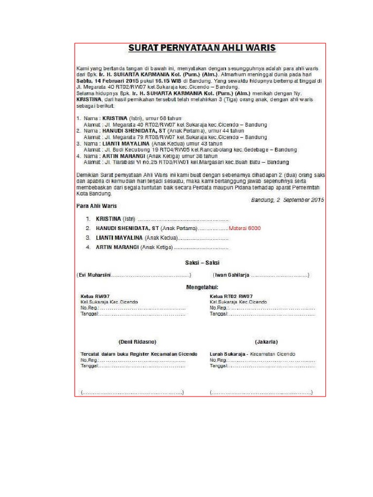 Contoh Surat Keterangan Ahli Waris Dari Lurah Kepala Desa B Pdf