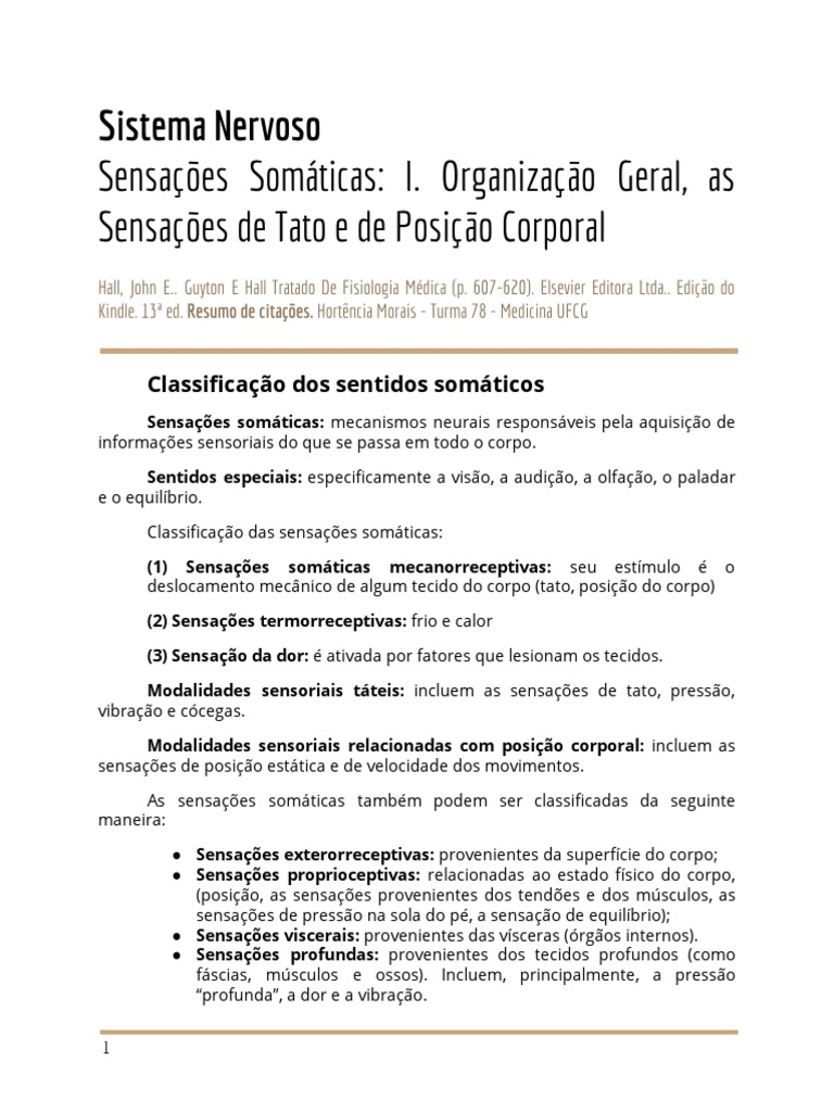 Classificação das Sensações Somáticas | PDF | Córtex cerebral | Tálamo