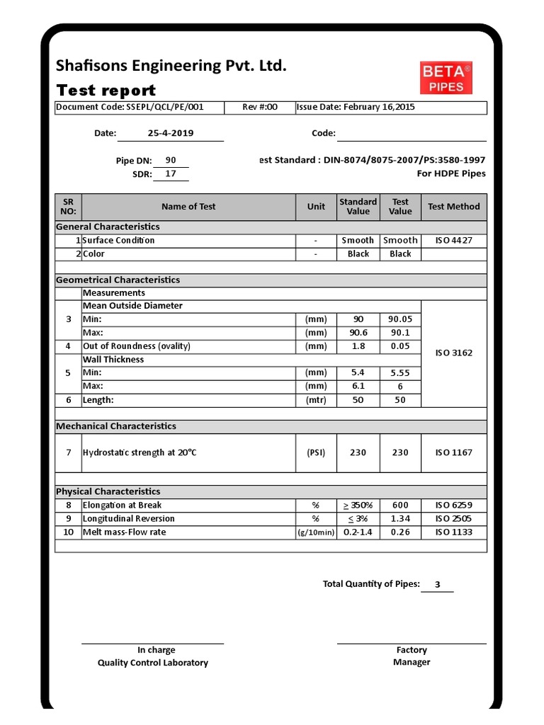 HDPE Pipe Inspection Test Report | PDF