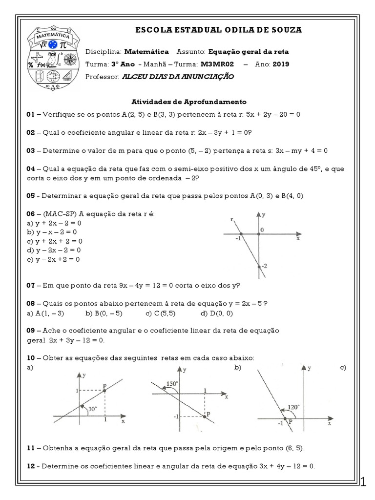 2019 - Exercicios de Equação Geral Da Reta | Equações | Sistema de ...