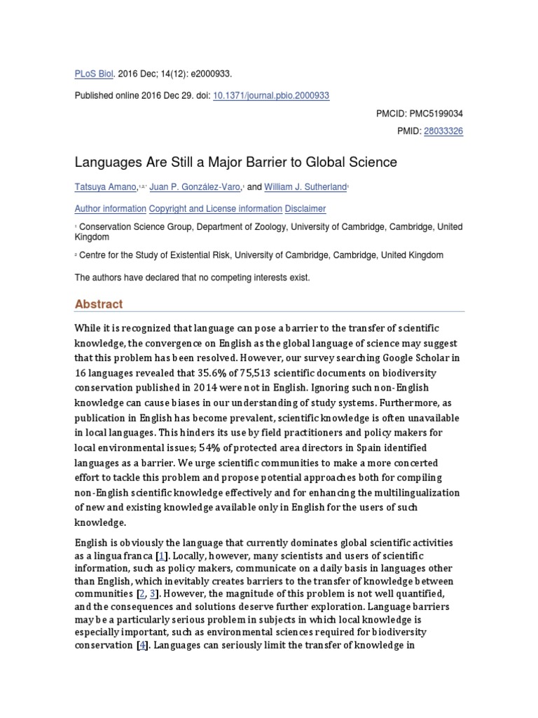 Languages Are Still A Major Barrier To Global Science: Plos Biol 10. ...