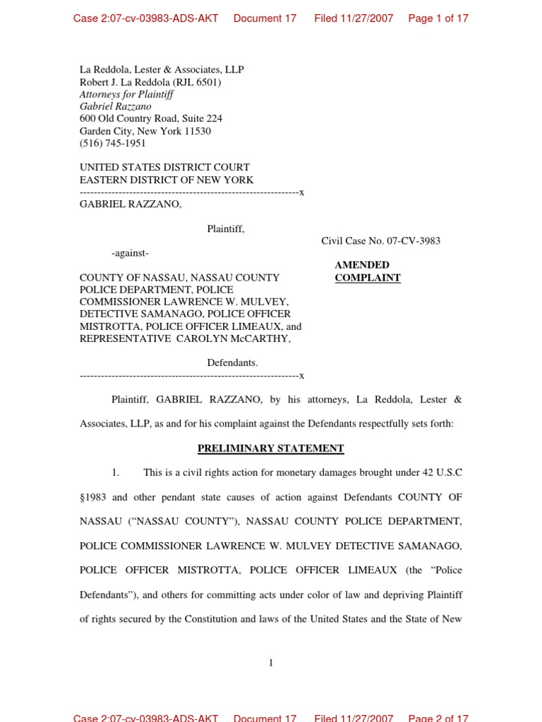 Razzana V County of Nassau Et Al. | PDF | Fourteenth Amendment To The ...
