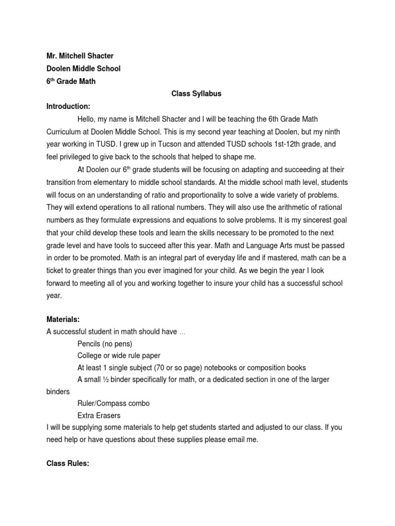 6th Grade Math Syllabus - Doolen Middle School | PDF | Homework | Textbook
