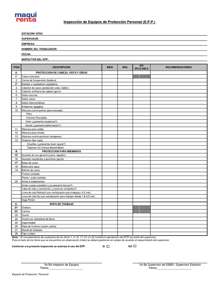 Check List EPP para Inspección | PDF | Ropa | Ocio