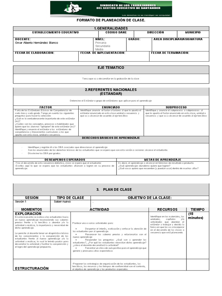 Estructura de un Plan de Clase | PDF | Evaluación | Aprendizaje
