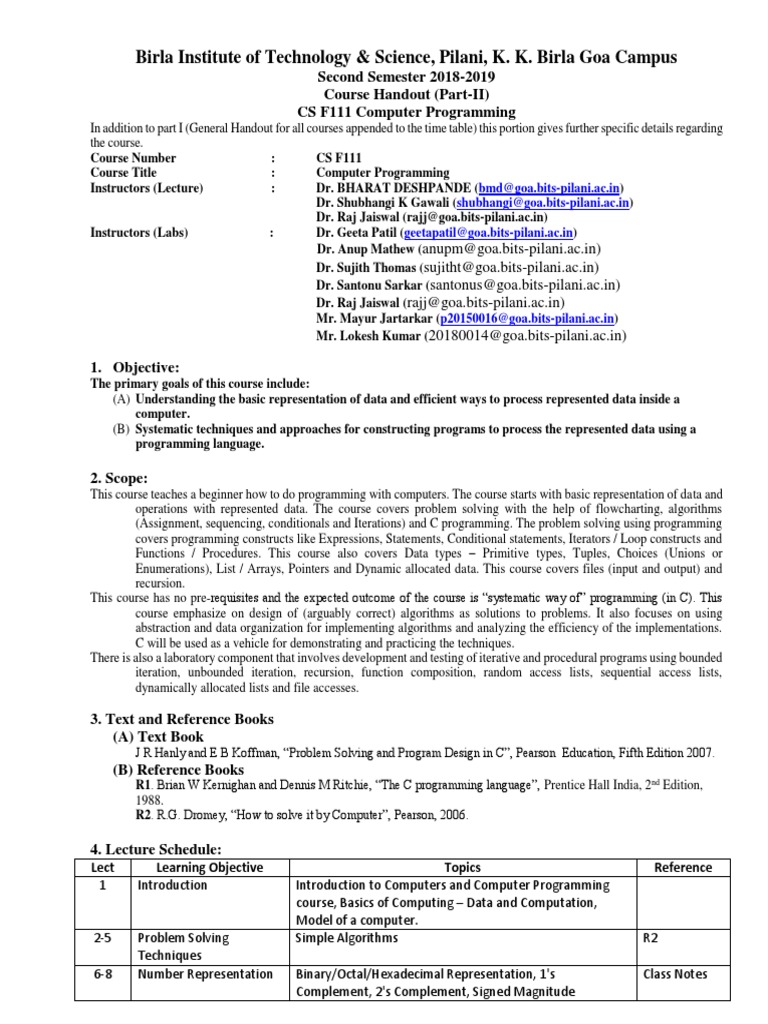 CS F111 Computer Programming Syllabus | PDF | Array Data Structure | C ...