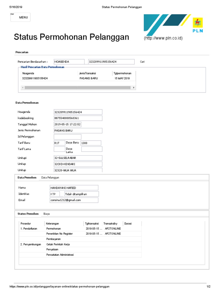 Status Permohonan Pelanggan