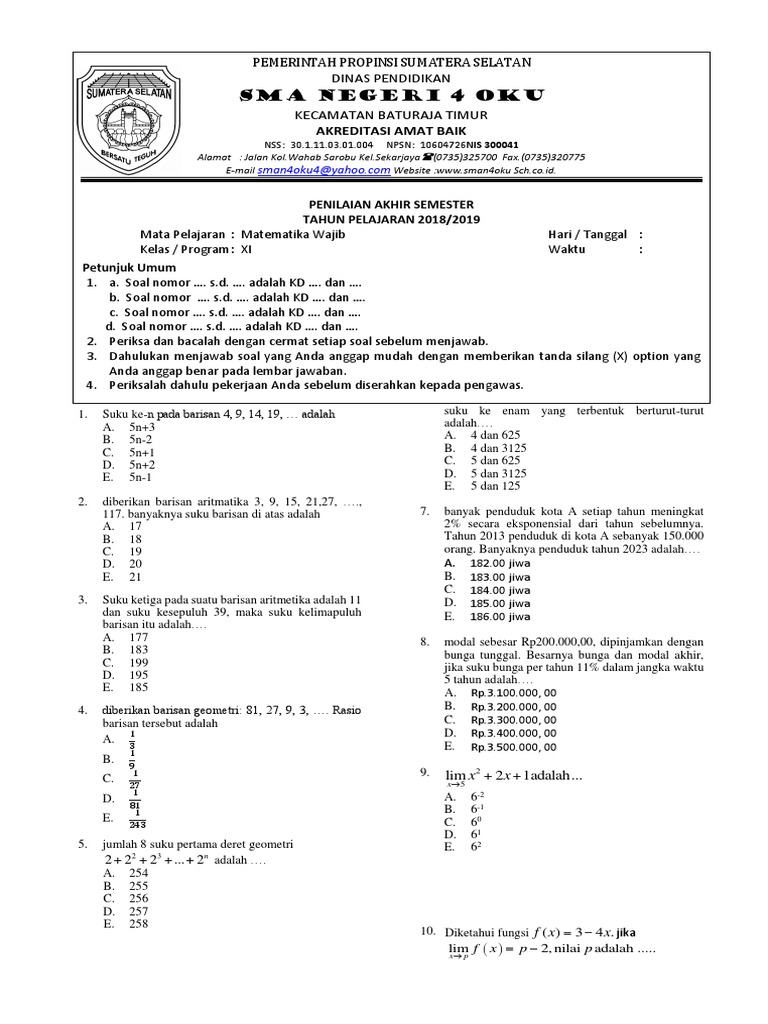 Soal Pat Matematika Wajib Kelas Xi Docx