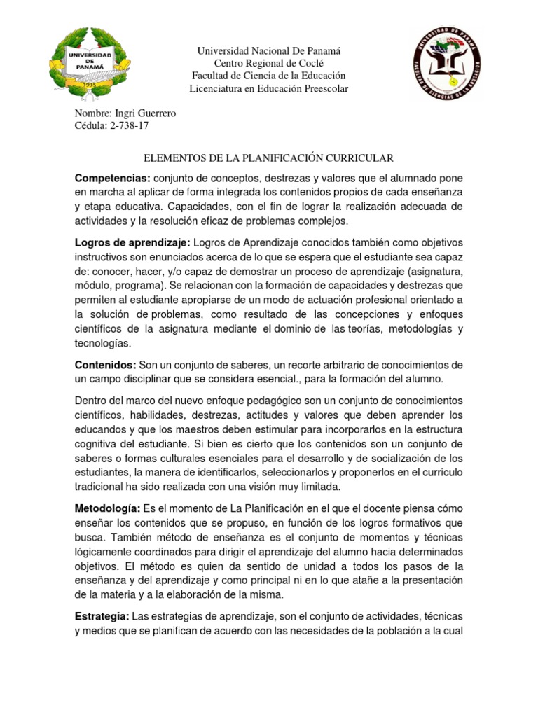 Elementos de la Planificación Curricular | PDF | Educación de la ...