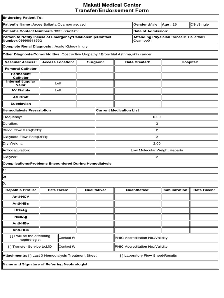 TransferEndorsementForm PDF | PDF | Hemodialysis | Internal Medicine
