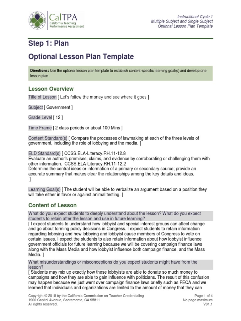 Cal Tpa Lesson Plan Pdf Lobbying In The United States Lesson Plan