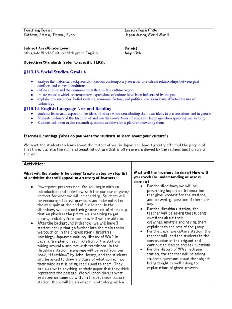 Japan in WWII: Culture & History Lesson | PDF | Learning | Teachers