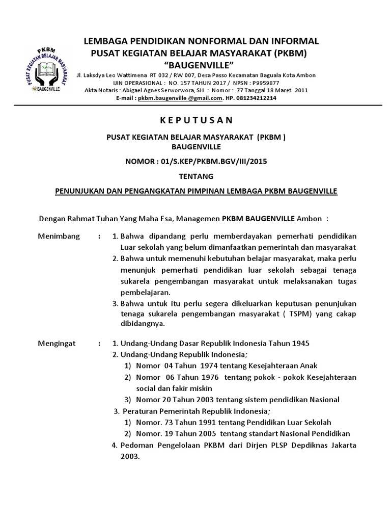 Contoh Sk Pengangkatan Ketua Pengelola Pkbm