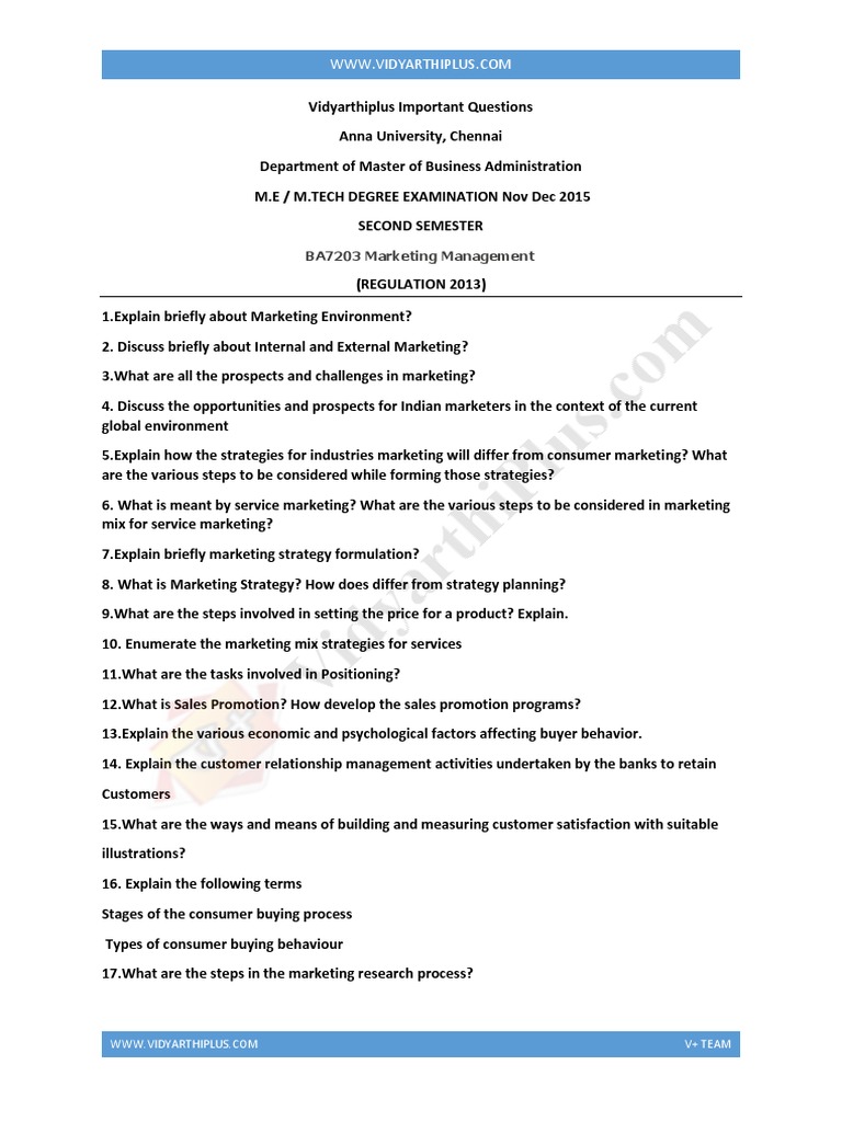 MBA Marketing Management Key Questions | PDF | Sales | Marketing