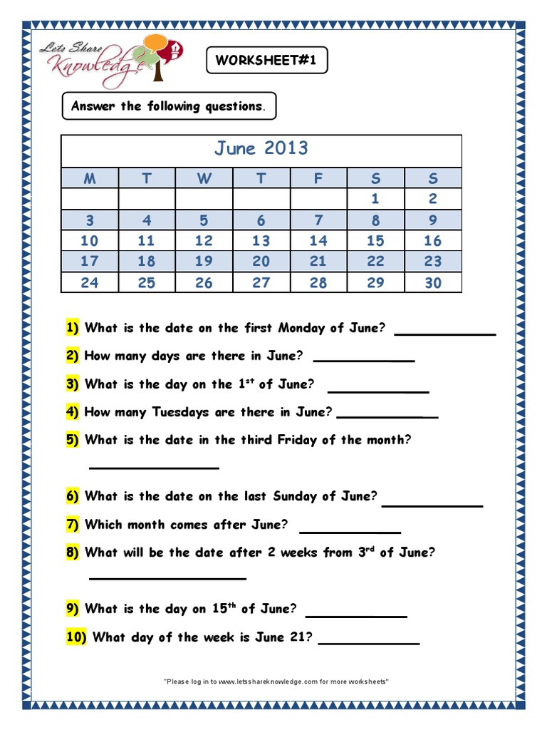 June Calendar Worksheet for Class 3 | PDF | Astrology | Onomastics