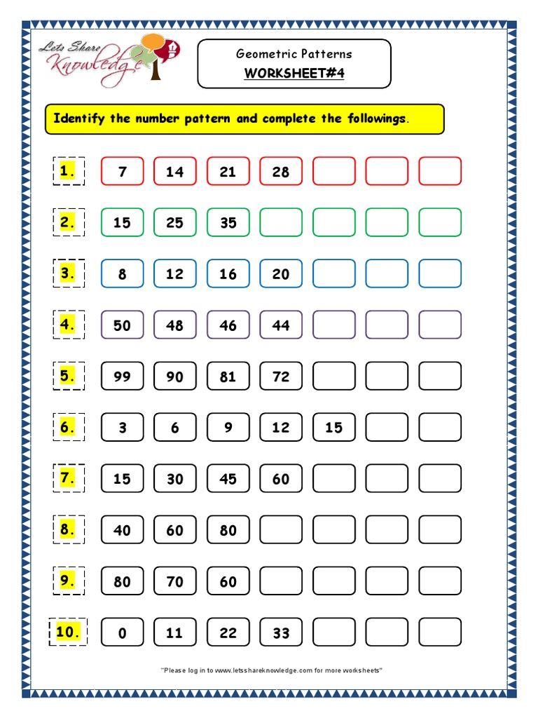Grade 3 Maths Worksheets Geometry Geometric Patterns in Shapes Numbers