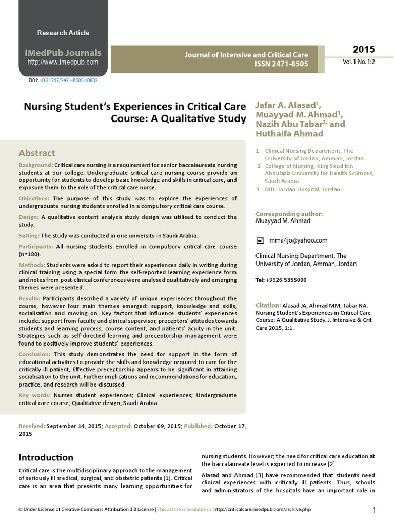 Nursing Students Experiences in Critical Care Course A Qualitative ...