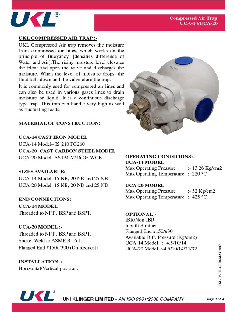 Data Sheet Compressed Air Trap UCA PDF PDF Valve Atmosphere Of Earth