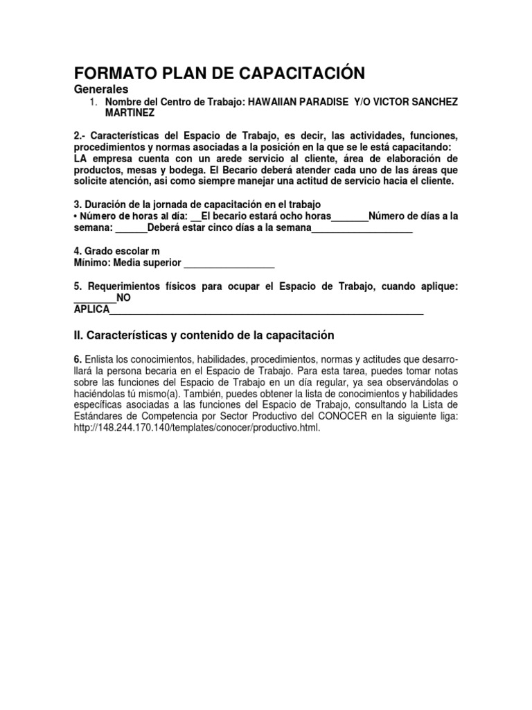Formato Plan de Capacitación | PDF | Servicio al Cliente | Business