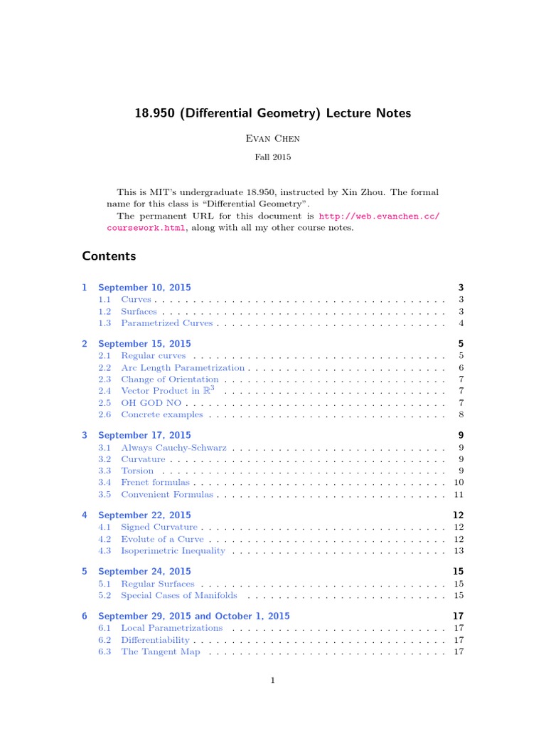 18.950 (Differential Geometry) Lecture Notes Coursework HTML PDF