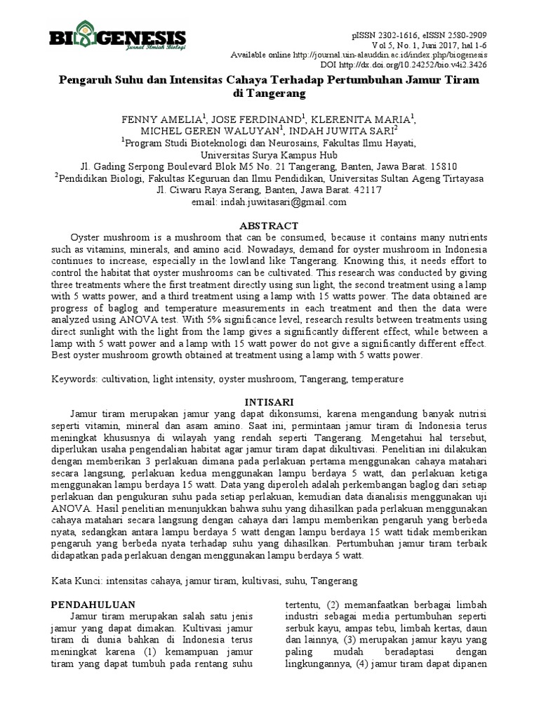 Pengaruh Suhu Dan Intensitas Cahaya Terhadap Pertumbuhan Jamur Tiram Di