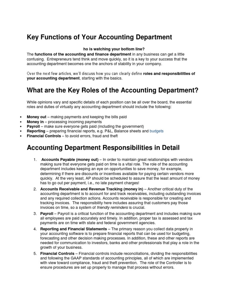 Key Functions of Your Accounting Department PDF Payroll Accounting