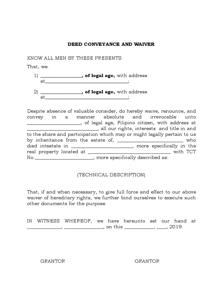 Deed of Conveyance and Waiver Sample | PDF | Social Science