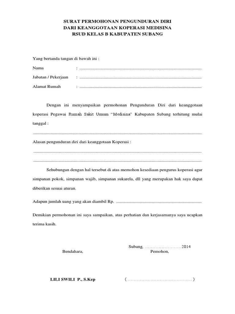 Contoh Surat Pengunduran Diri Dari Koperasi Simpan Pinjam Contoh