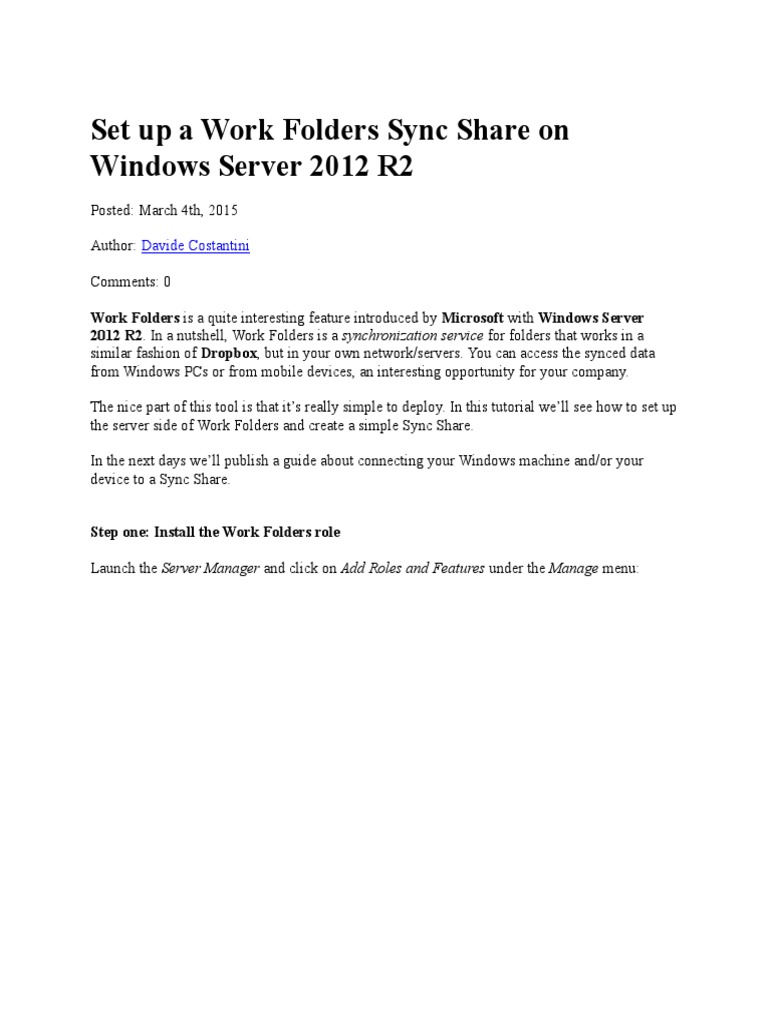 Set Up A Work Folders Sync Share On Windows Server 2012 R2 | PDF ...