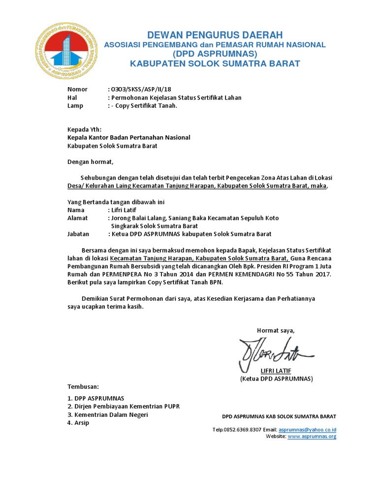 Contoh Surat Mohon Tanah