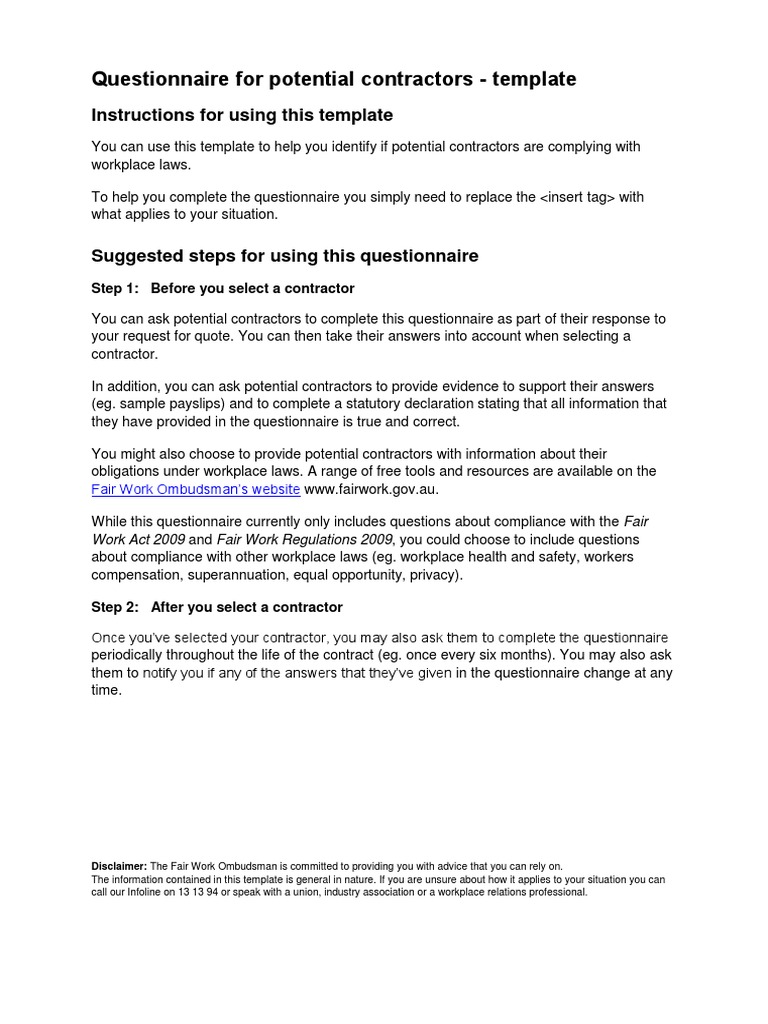 Questionnaire For Potential Contractors - Template | PDF | Regulatory ...