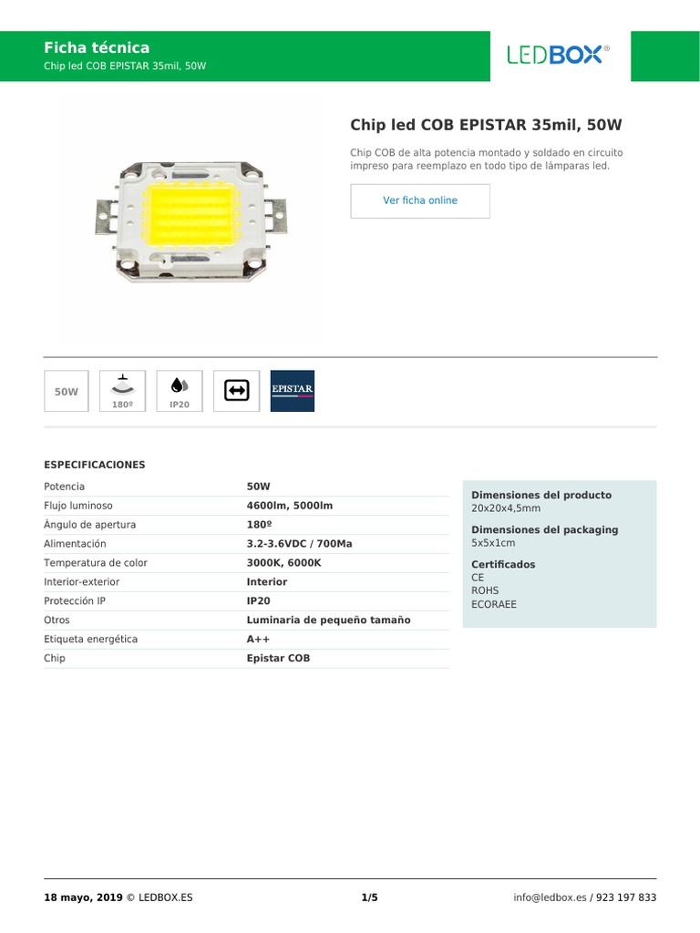 Chip Led Cob Epistar 35mil, 50w PDF Diodo emisor de luz Circuito