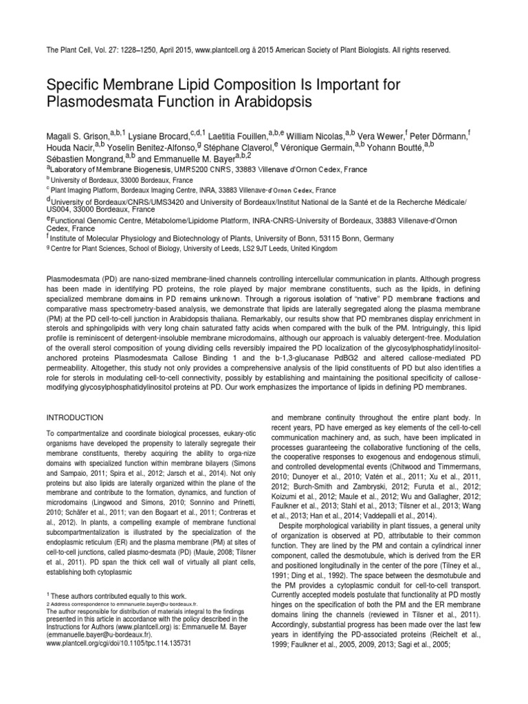 Specific Membrane Lipid Composition Is Important For Plasmodesmata ...