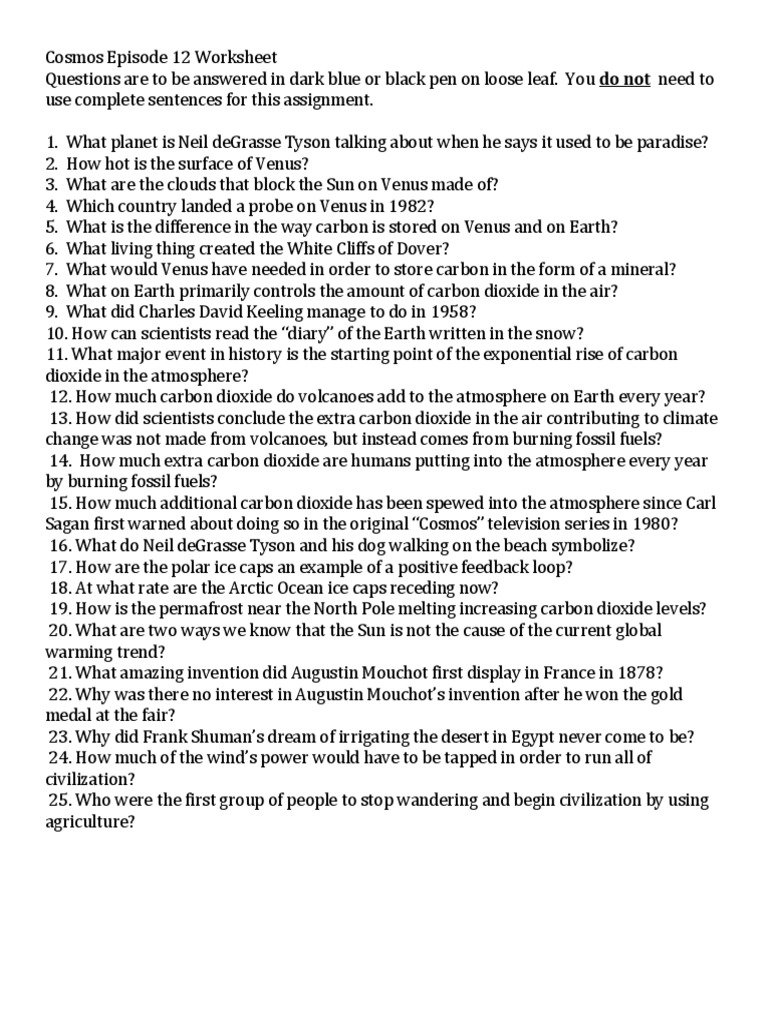Cosmos Episode 25 Worksheet  Venus  Atmosphere Of Earth Intended For Cosmos Episode 1 Worksheet Answers
